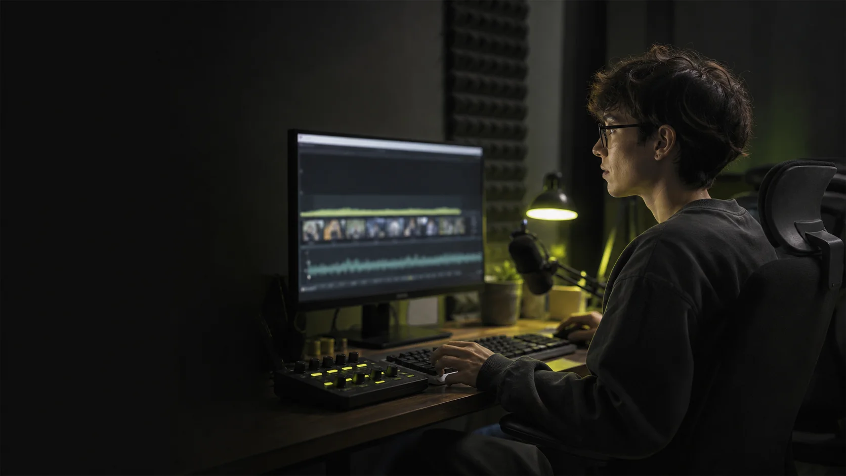 A creator reviewing a video timeline at a streaming desk